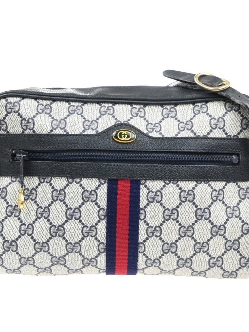 GUCCI Logo GG Sherry Line Shoulder Hand Bag PVC Leather Navy Blue Italy 69MA470